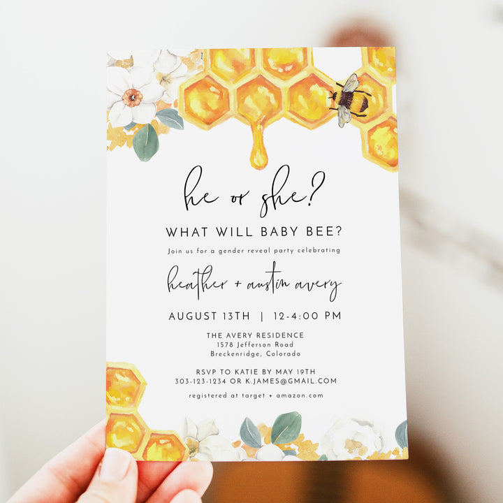 ROMY Yellow Watercolor Honey Bee Gender Reveal Invitation
