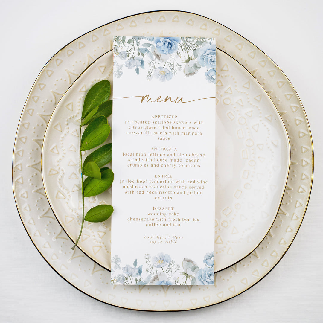 FLEUR Elegant Dusty Blue Floral Menu Cards