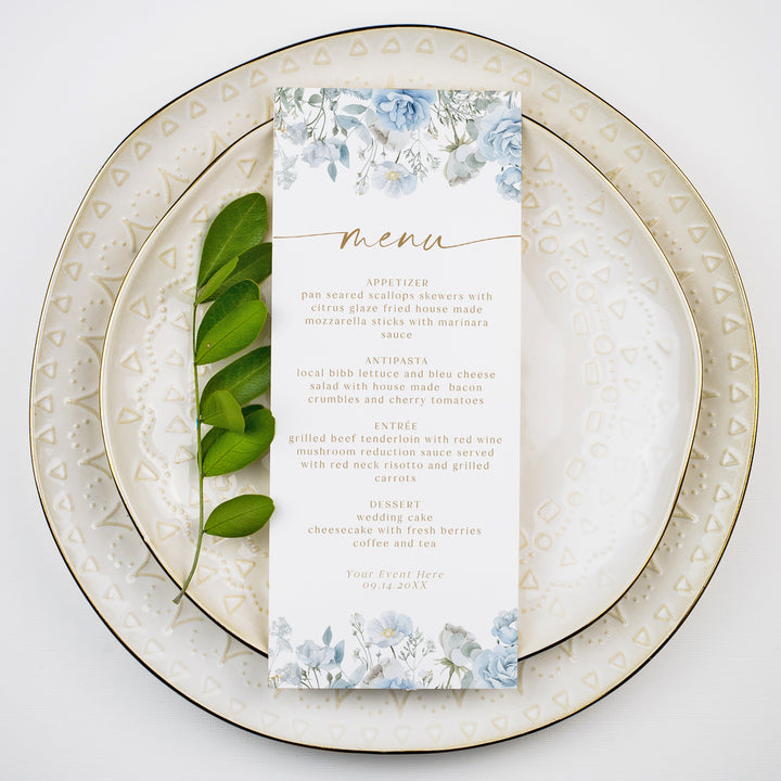 FLEUR Elegant Dusty Blue Floral Menu Cards