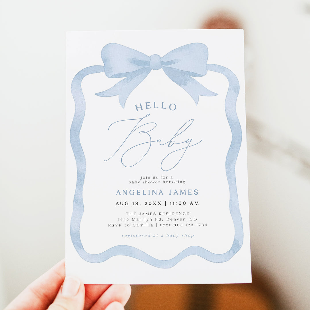 ANGELINA Dusty Blue Coquette Bow Hello Baby Shower Invitation