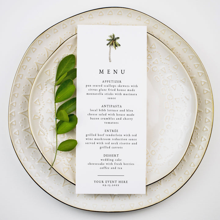 MONA Minimalist Palm Tree Destination Beach Menu Cards