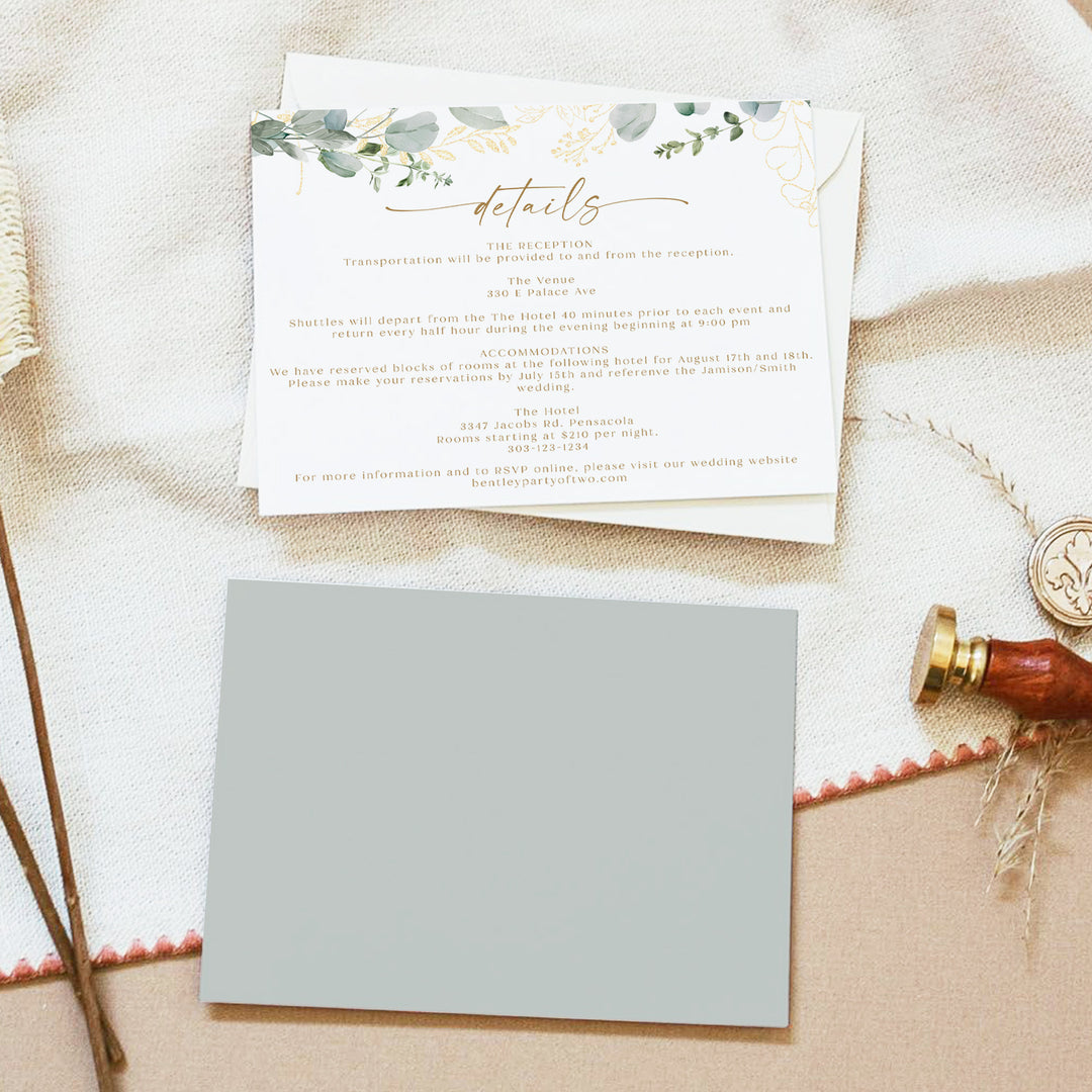 CALIA Sage Green and Gold Garden Wedding Details Card
