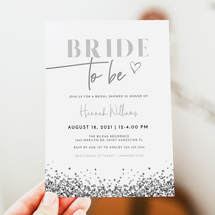 REGINA Modern Silver Glitter Bride To Be Bridal Shower Photo Invitation