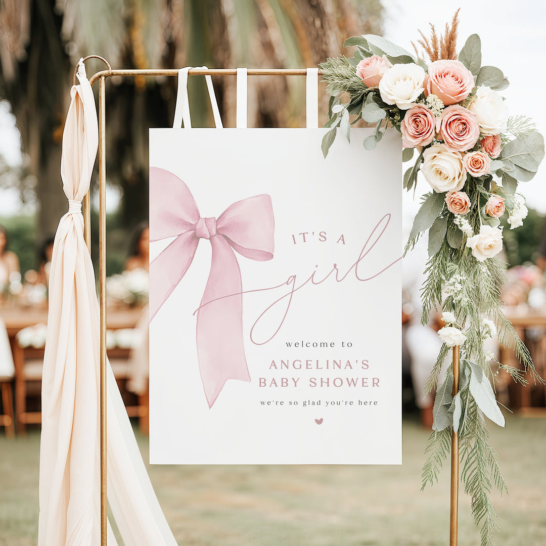 ANGELINA Blush Pink Bow It's a Girl Baby Shower Welcome Sign