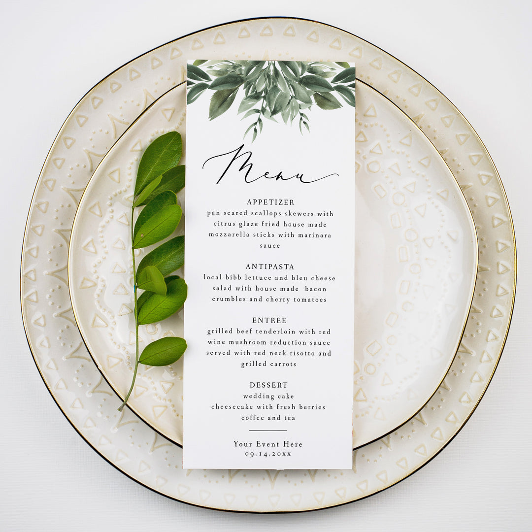 LANA Minimalist Greenery Menu Cards for Elegant Wedding