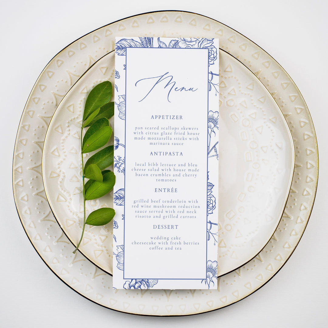 AURELIA Elegant Blue Vintage Chinoiserie Wedding Menu Cards