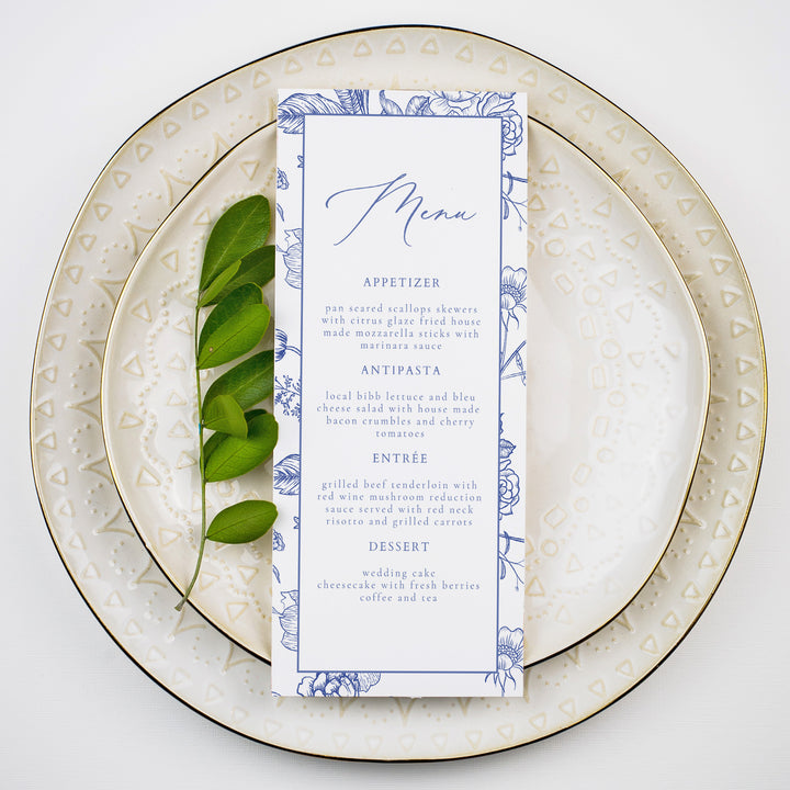 AURELIA Elegant Blue Vintage Chinoiserie Wedding Menu Cards