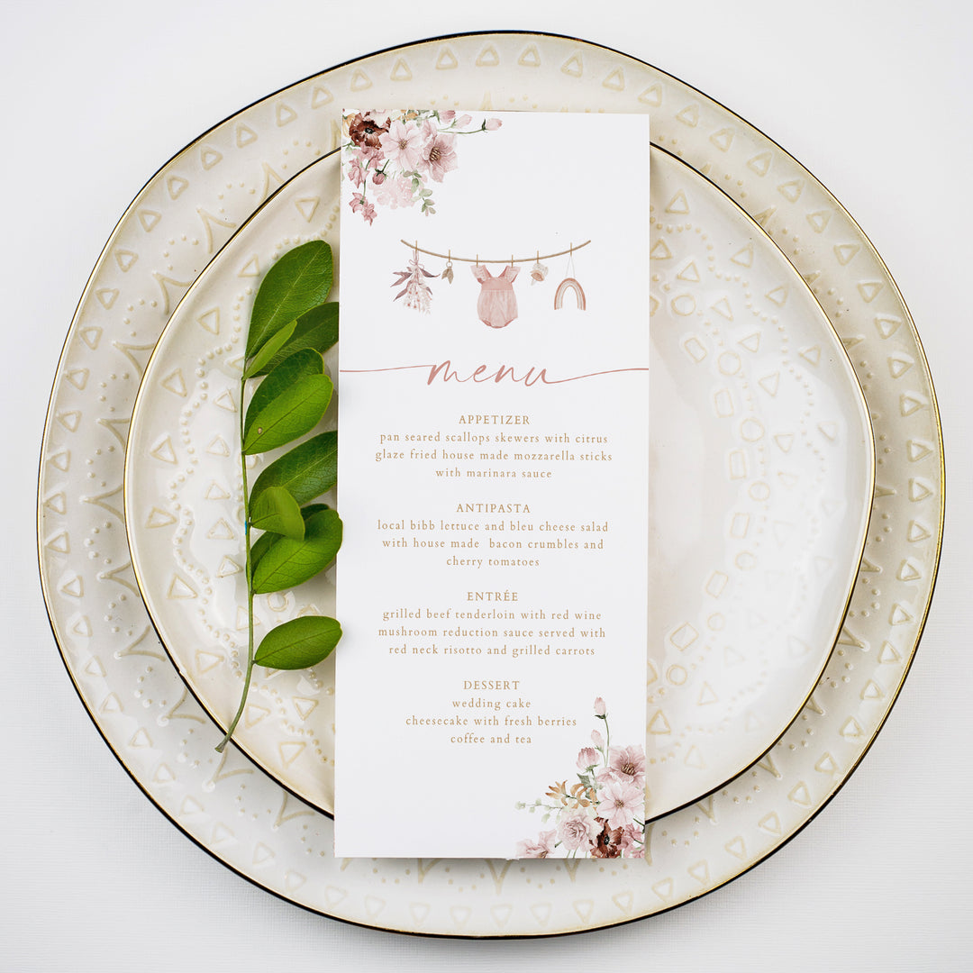 LUCY Pink Floral Clothesline Baby Shower Menu Cards