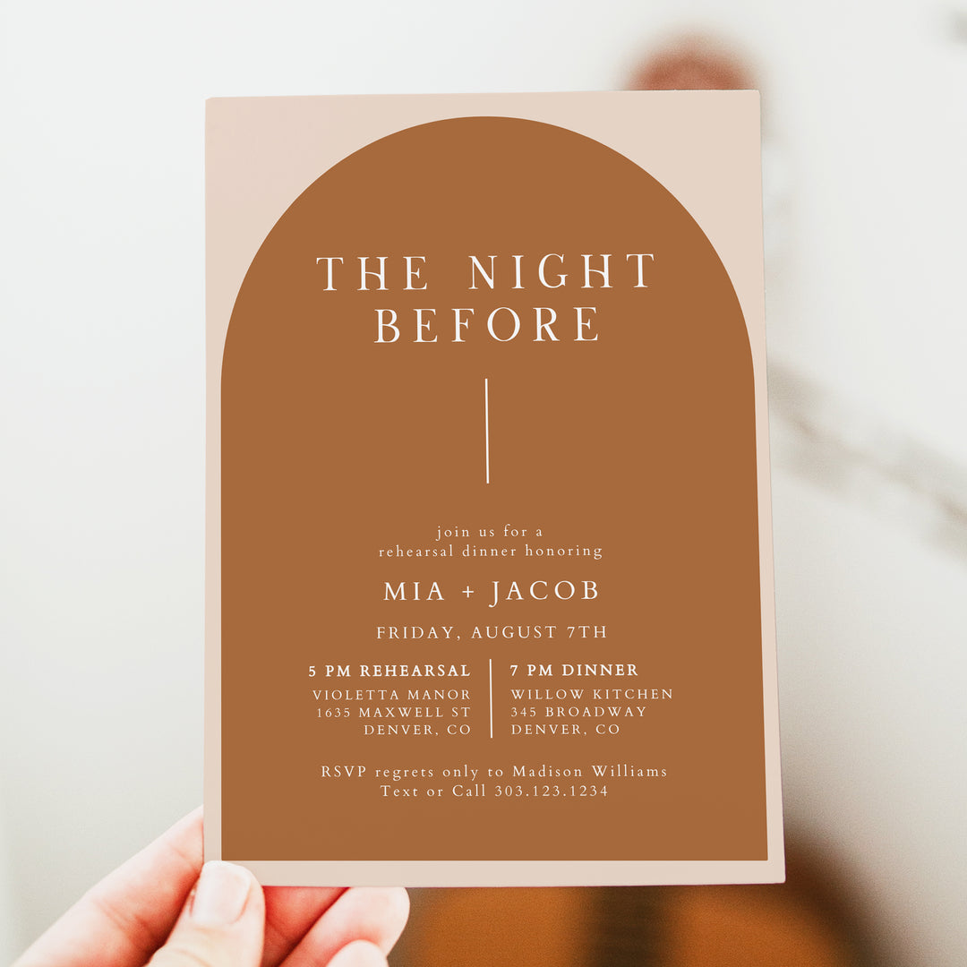 MIA The Night Before Boho Arch Wedding Rehearsal Dinner Invitations