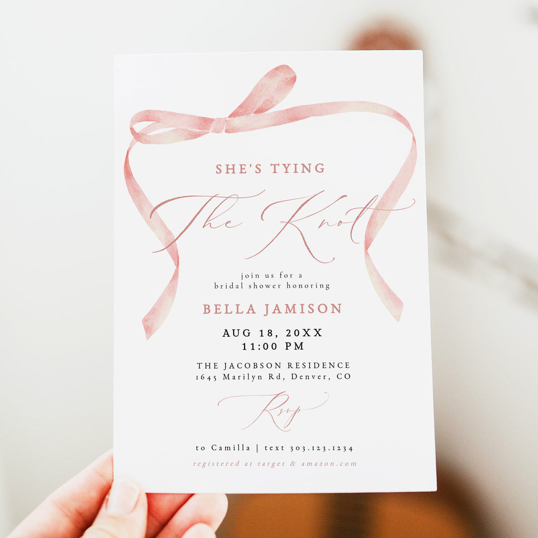 BELLA She's Tying The Knot Blush Pink Bow Bridal Shower Invite