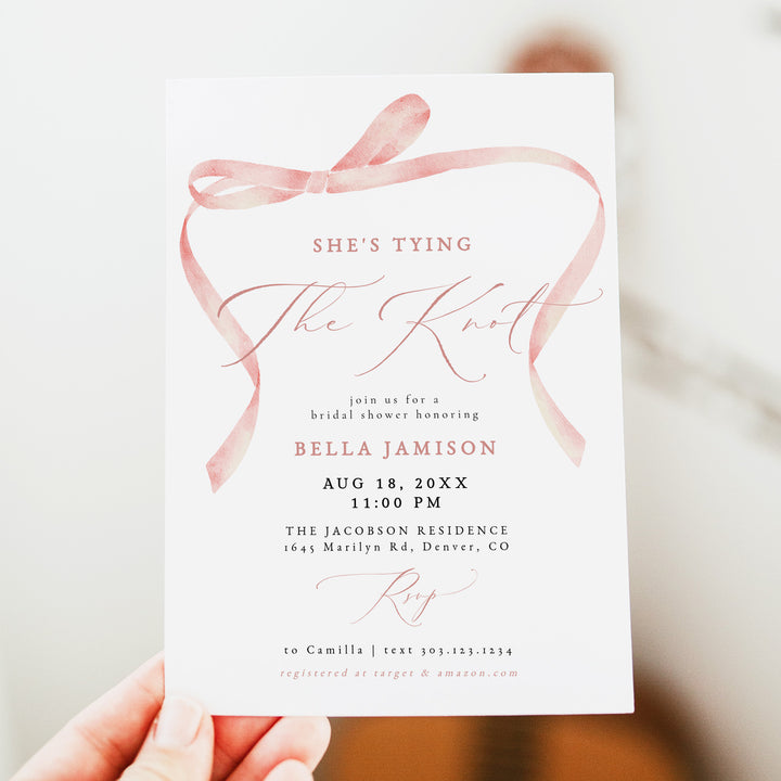 BELLA She's Tying The Knot Blush Pink Bow Bridal Shower Invite
