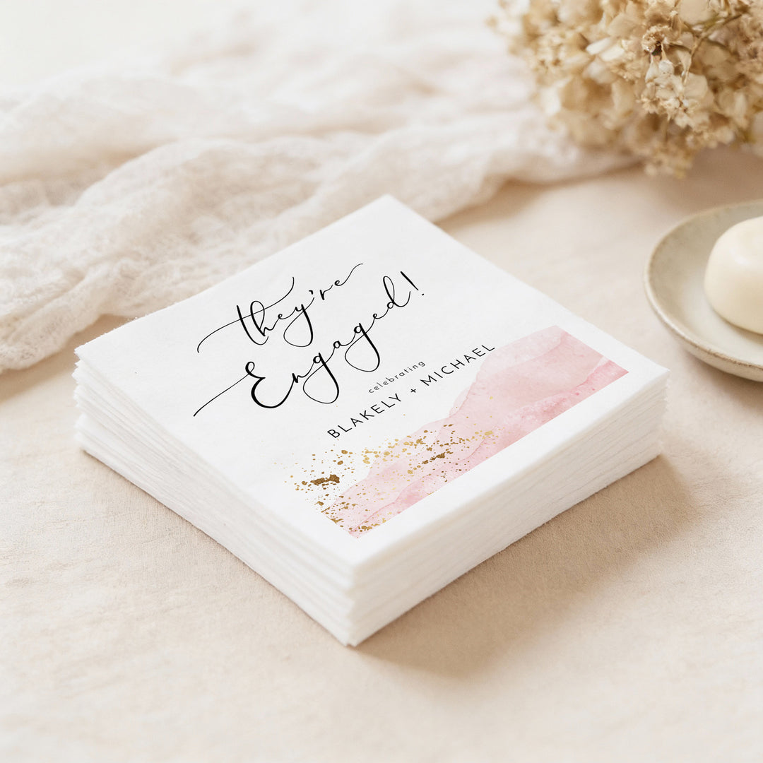 JULIEN They're Engaged Dusty Pink Watercolor Engagement Napkins