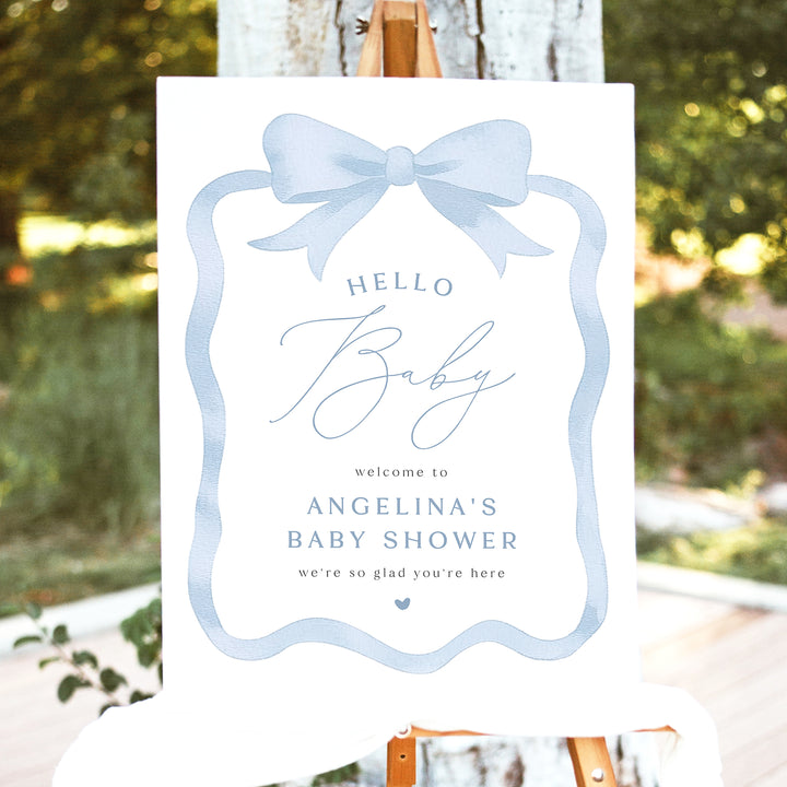 ANGELINA Custom Blue Bow Hello Baby Shower Welcome Sign