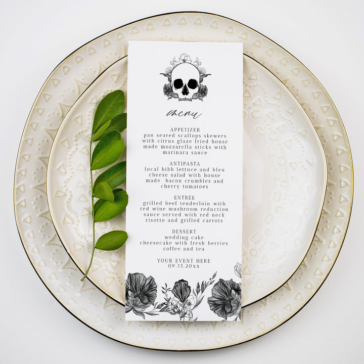 NOVA Gothic Floral and Skull Halloween Menu Cards