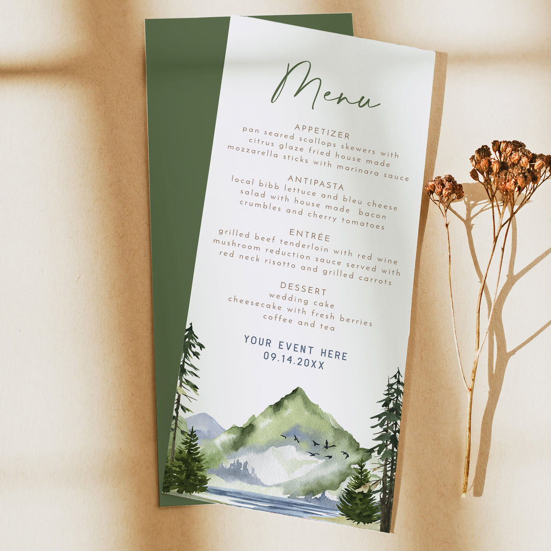 FINN Rustic Mountain and Pine Table Menu