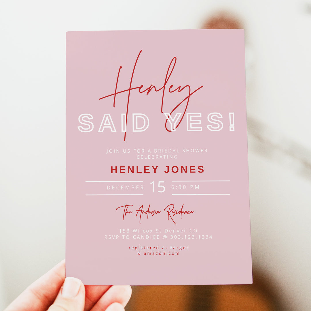HENLEY Personalized She Said Yes Blush Pink Bridal Shower Invite