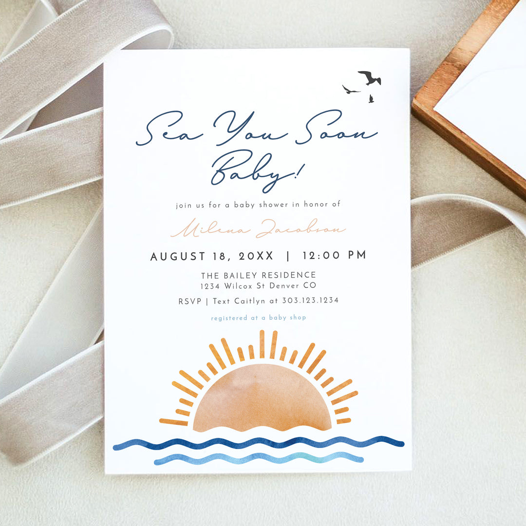 OCEANSIDE Coastal Sea You Soon Baby Shower Invitation with Photo