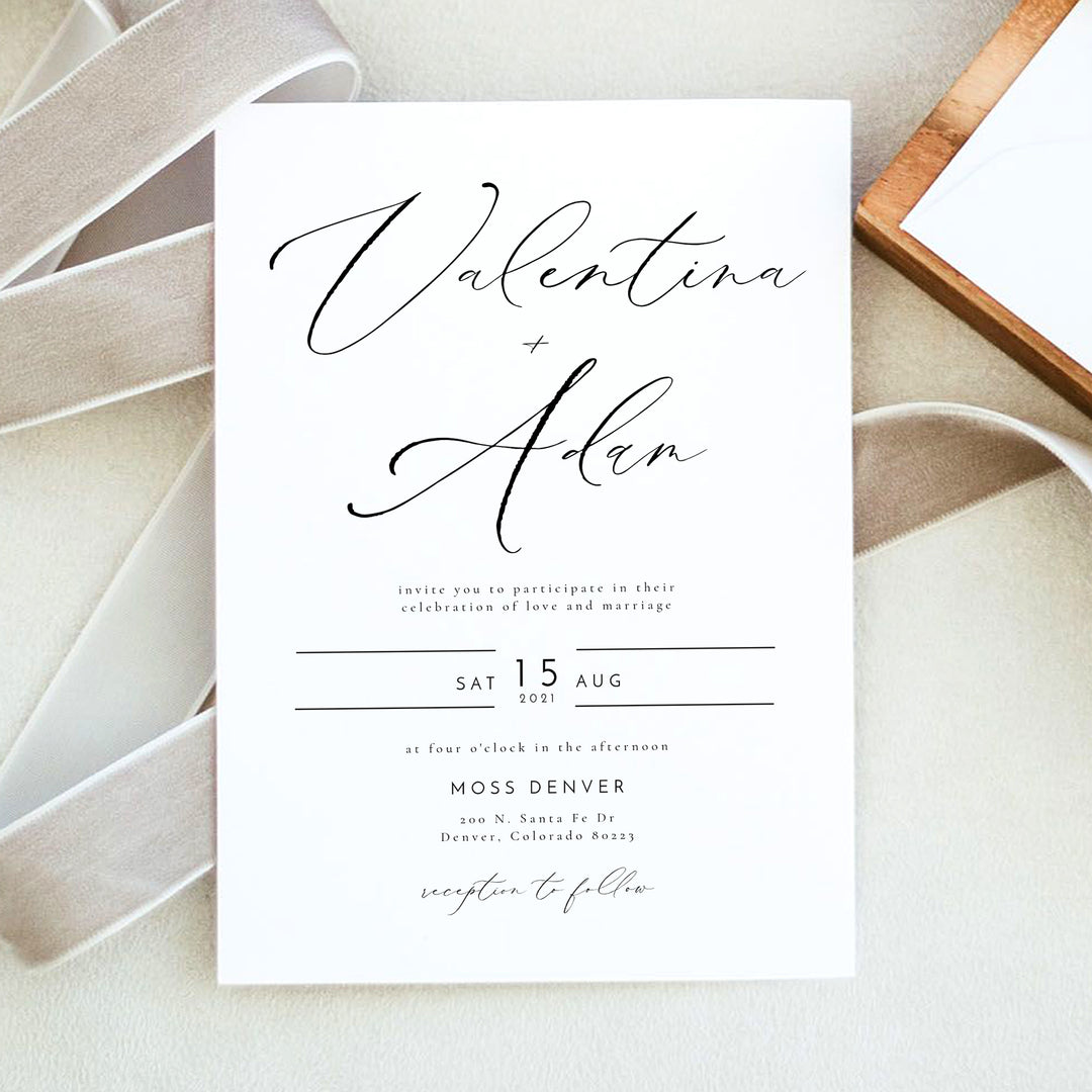 VALENTINA Elegant Black and White Wedding Invitation with Photo