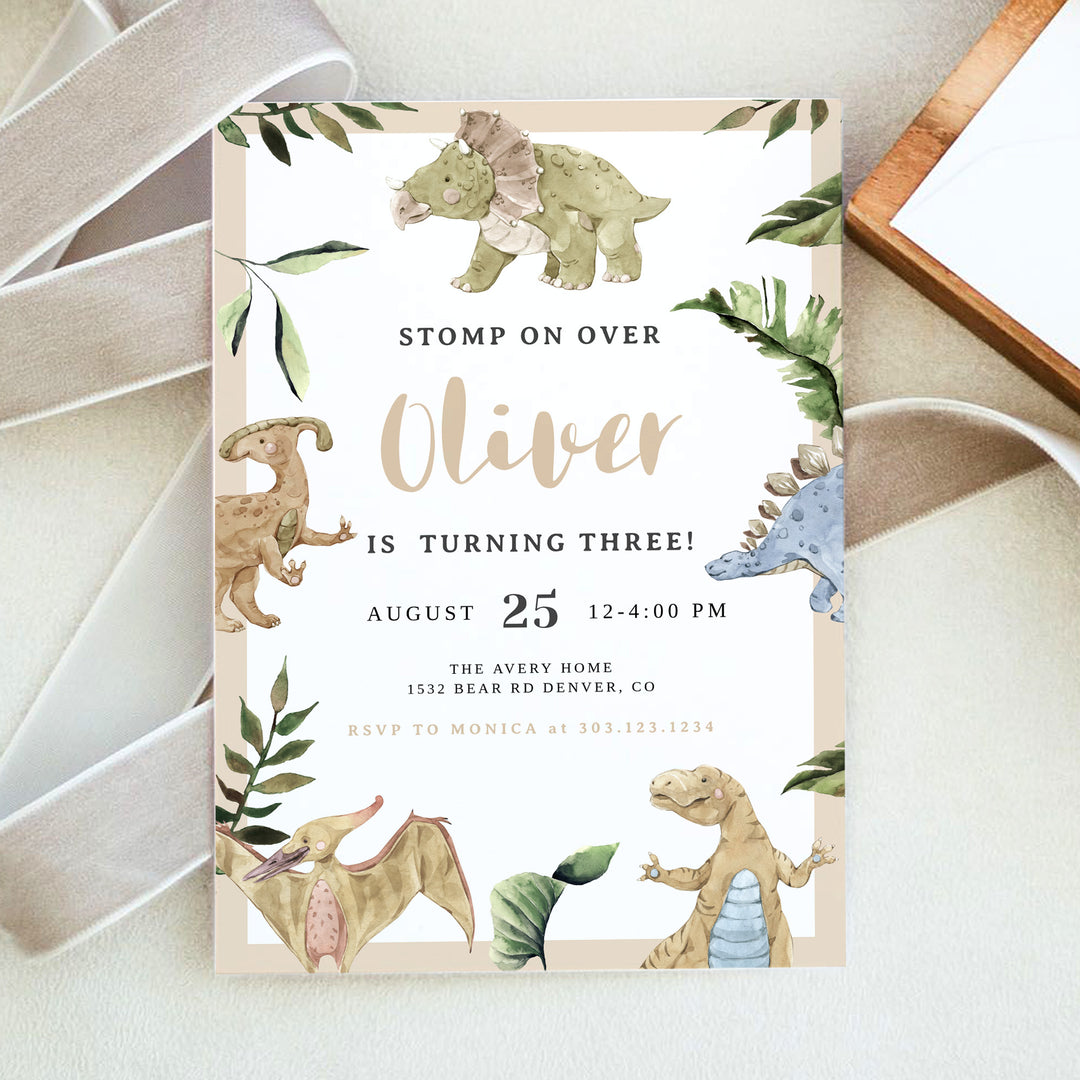 SPIKE Rustic Baby Boy Dinosaur Birthday Party Invitations with Photo