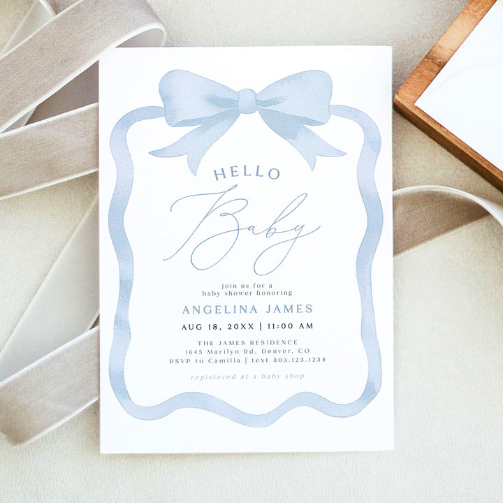 ANGELINA Dusty Blue Coquette Bow Hello Baby Shower Invitation