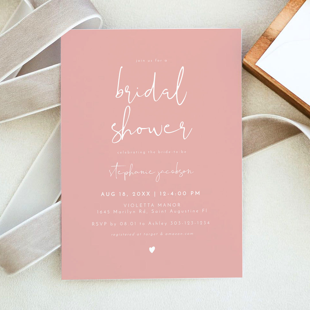 LEAH Dusty Rose Minimalist Boho Bridal Shower Photo Invitation