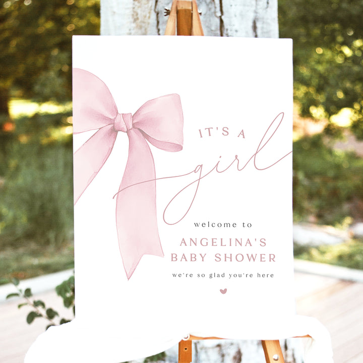 ANGELINA Blush Pink Bow It's a Girl Baby Shower Welcome Sign