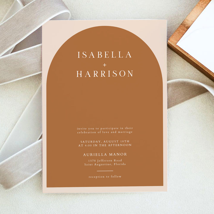 MIA Burnt Orange Minimalist Arch Wedding Invitation with Photo
