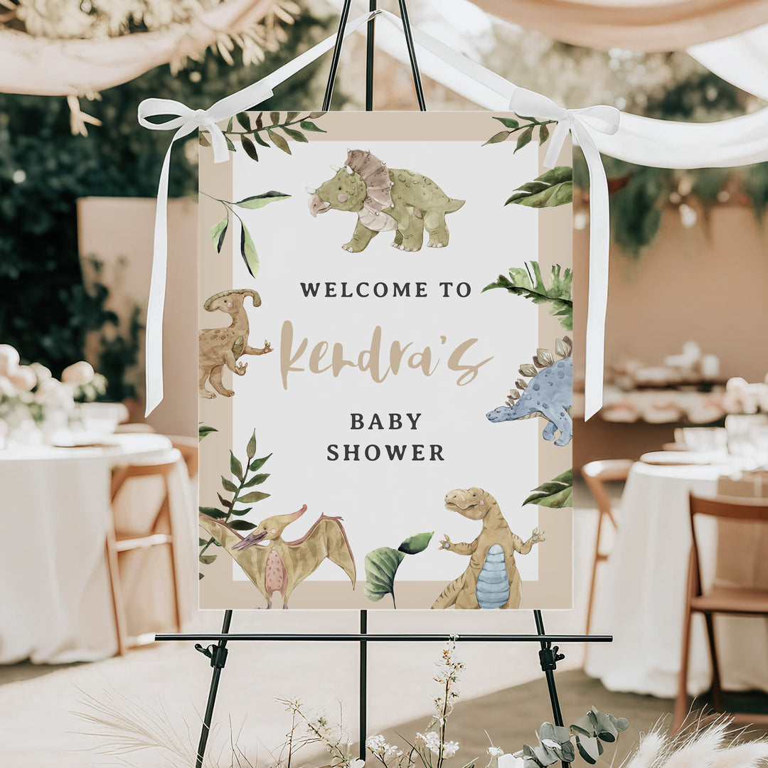 SPIKE Rustic Watercolor Dinosaur Baby Shower Welcome Sign