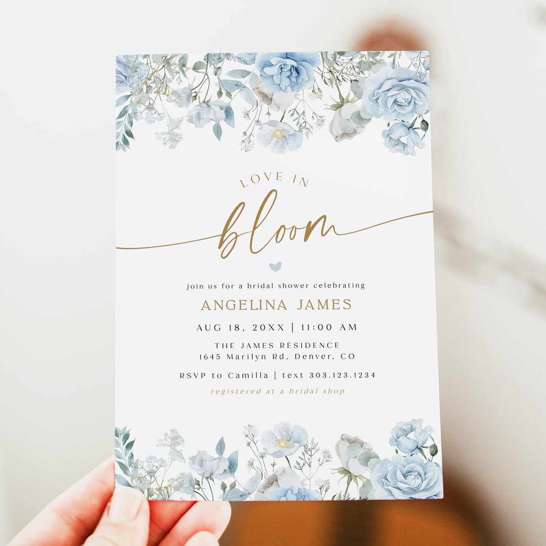 FLEUR Love In Bloom Dusty Blue Floral Bridal Shower Invitation