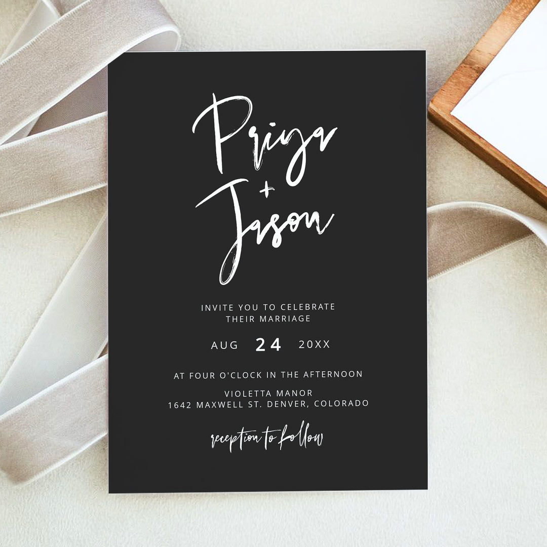 PRIYA Modern Minimalist Black Tie Wedding Invitation