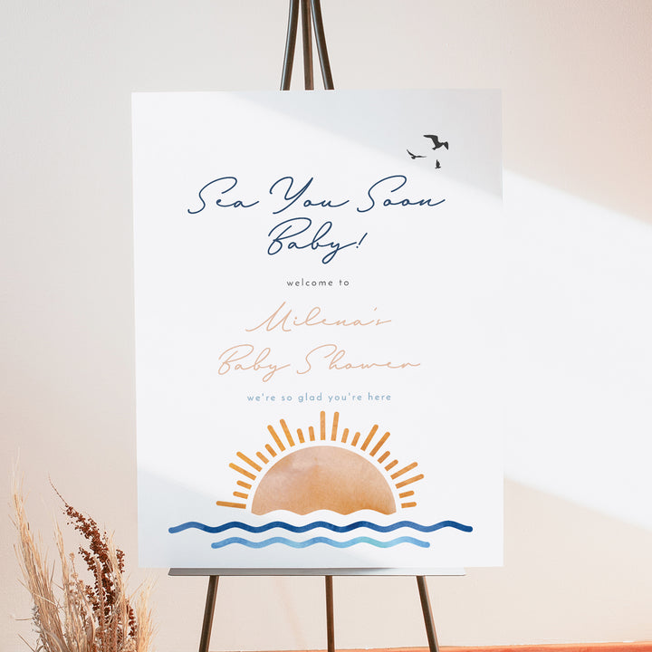 OCEANSIDE Tropical Beach Sea You Soon Baby on Board Baby Shower Welcome Sign