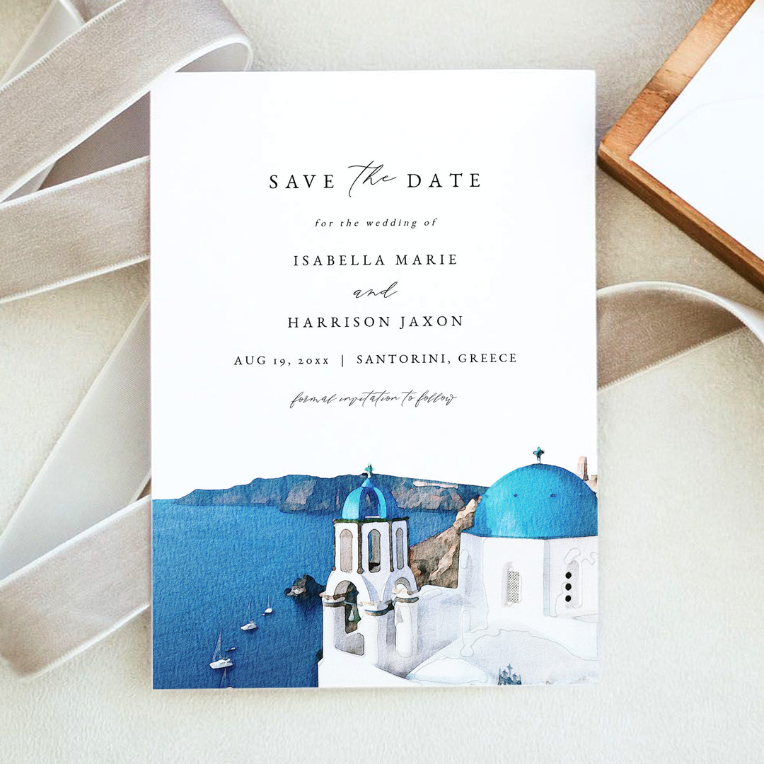 SANTORINI Greece Skyline Save the Date Cards for Greek Wedding