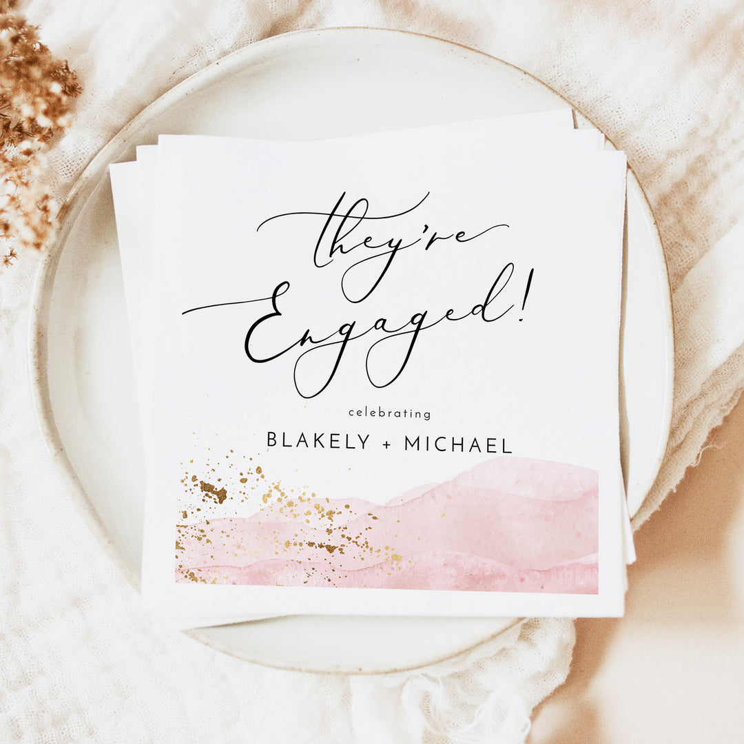 JULIEN They're Engaged Dusty Pink Watercolor Engagement Napkins