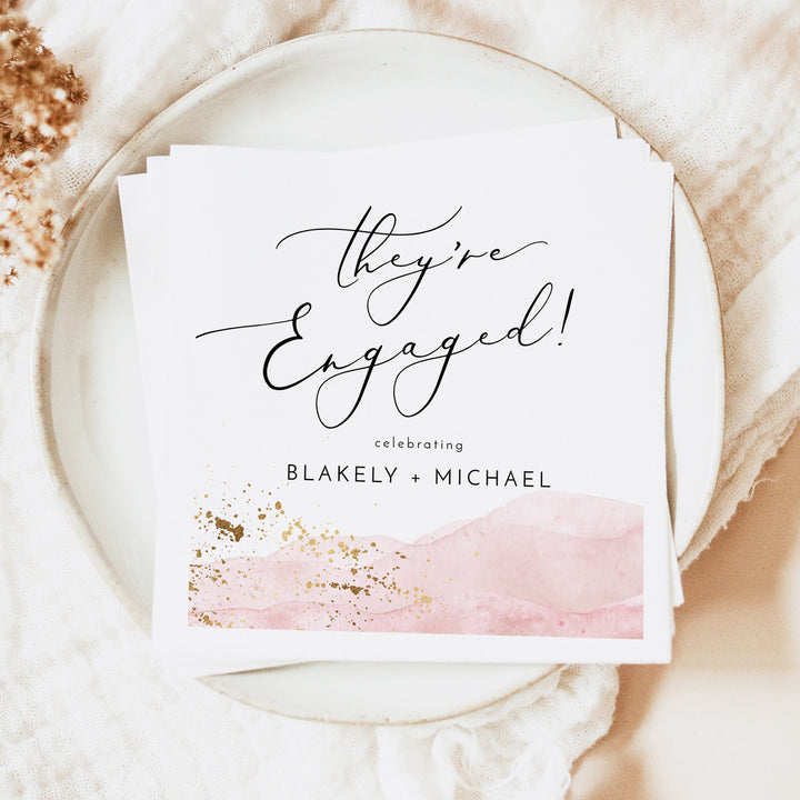 JULIEN They're Engaged Dusty Pink Watercolor Engagement Napkins