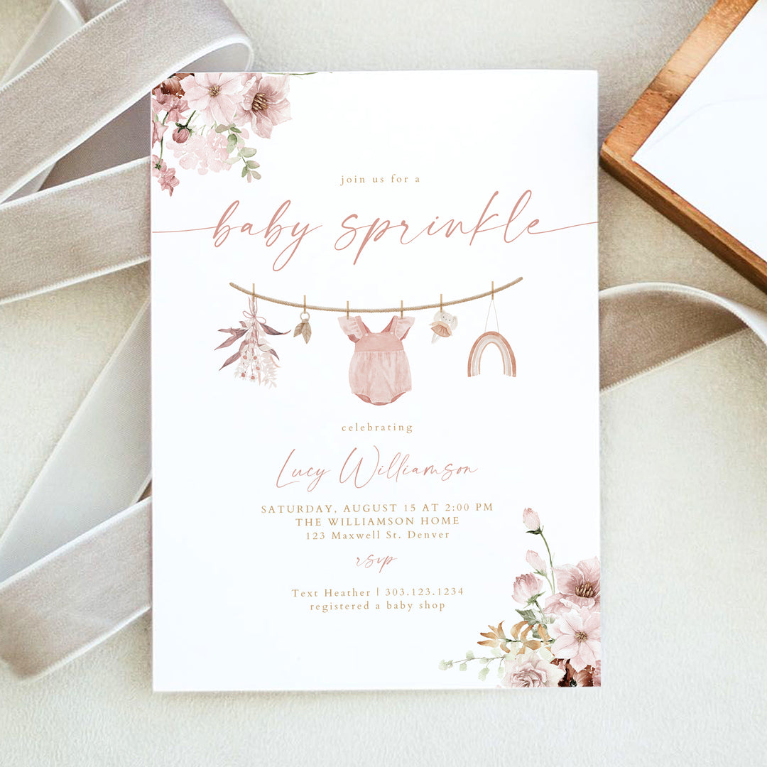 LUCY Blush Pink Floral Girl Clothesline Baby Sprinkle Invitation