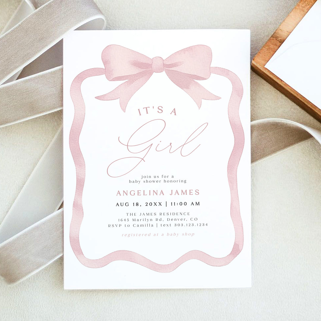 ANGELINA It's a Girl Pink Bow Baby Shower Invitation