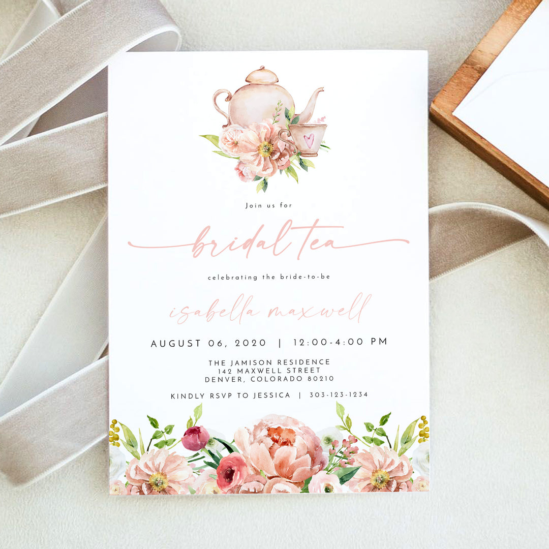 ALICE Elegant Spring Floral Tea Party Bridal Shower Invitations