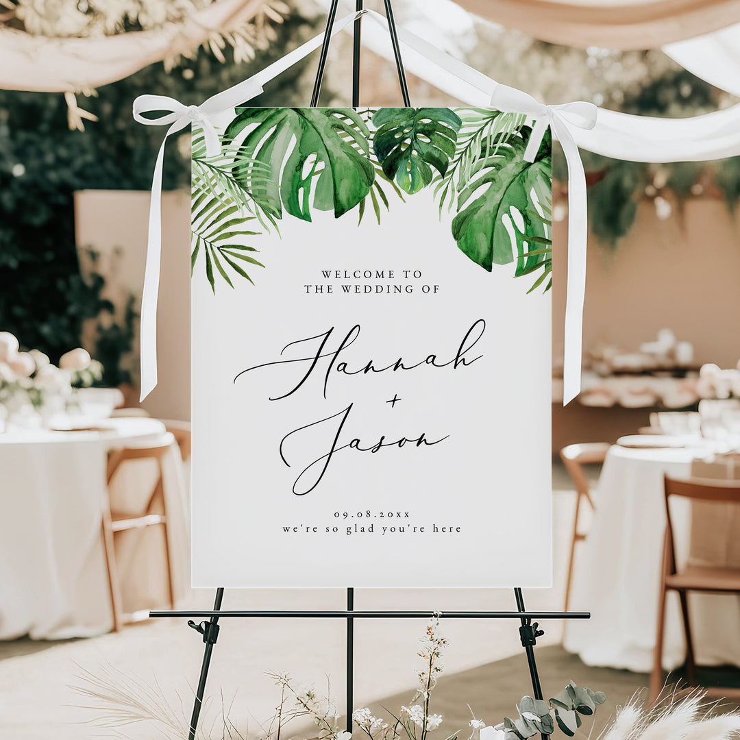 CORA Green Watercolor Monstera and Palm Wedding Welcome Sign