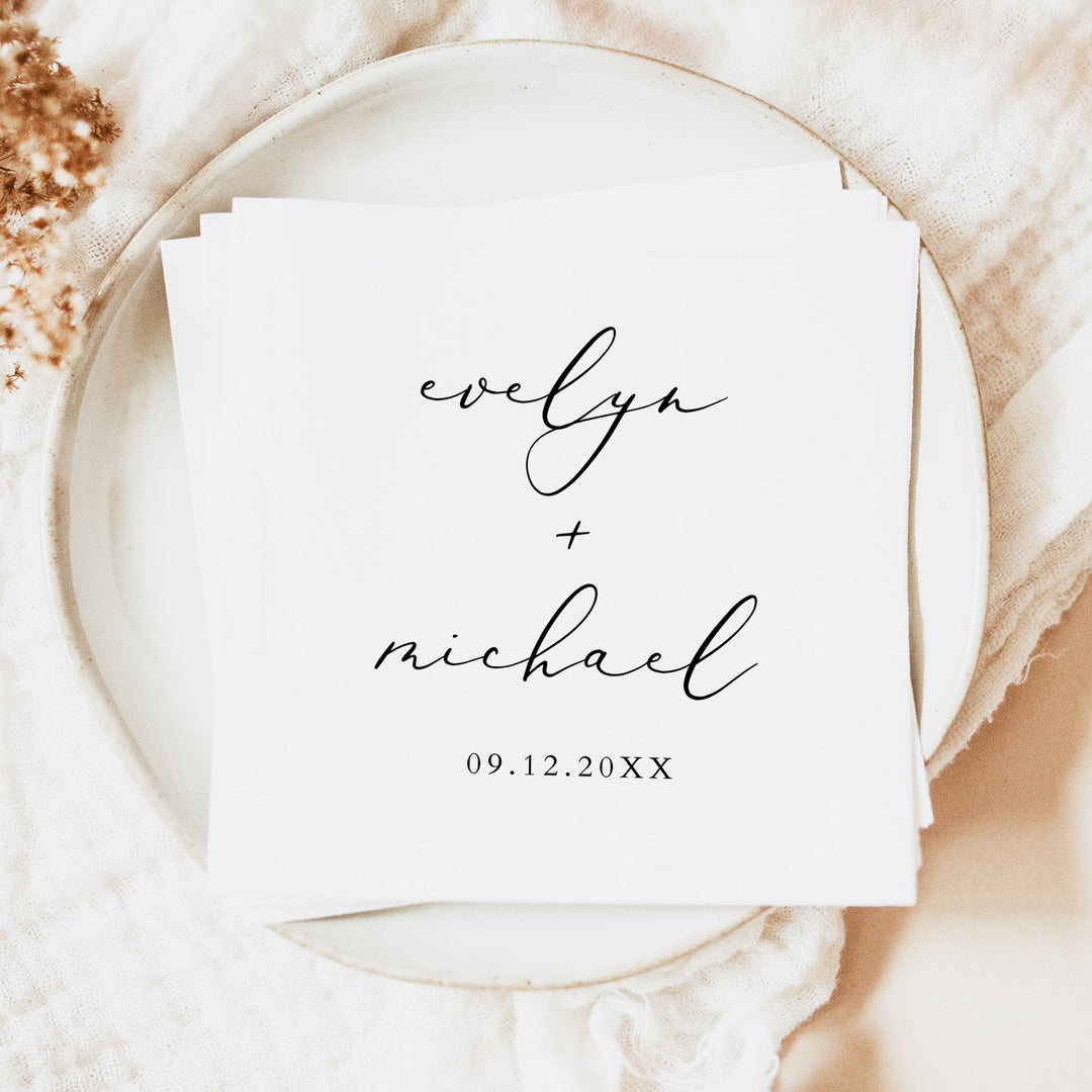 EVELYN Personalized Black and White Mininalist Wedding Napkins