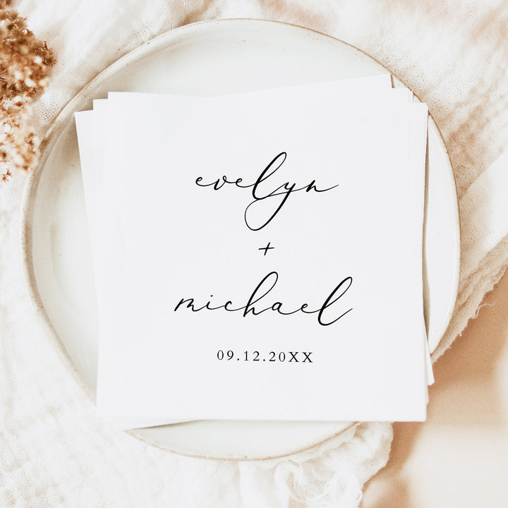 EVELYN Personalized Black and White Mininalist Wedding Napkins