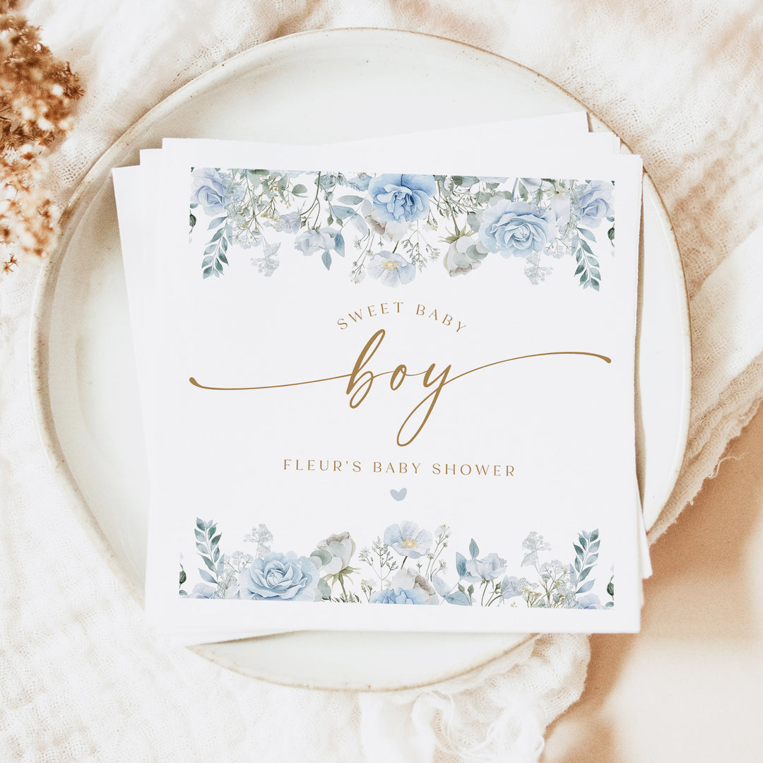 FLEUR Custom Dusty Blue Floral Boy Baby Shower Napkins FLEUR