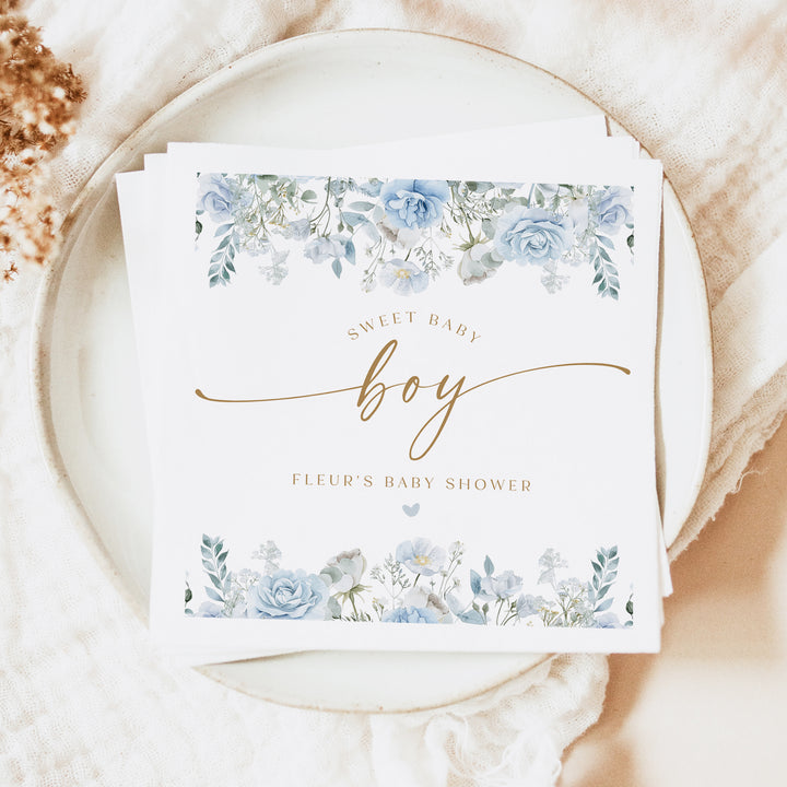FLEUR Custom Dusty Blue Floral Boy Baby Shower Napkins FLEUR