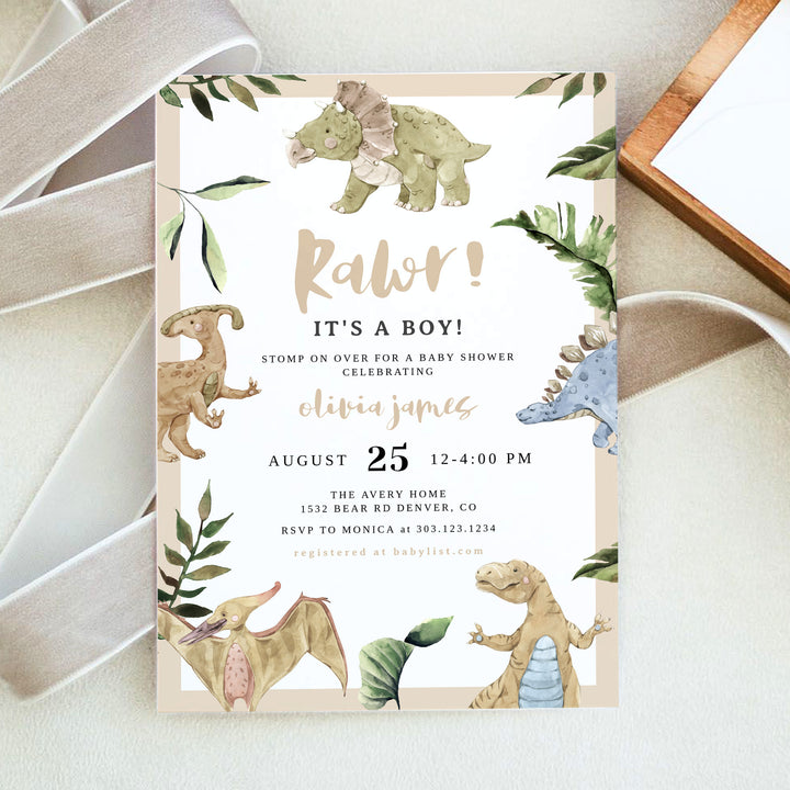 SPIKE Blue and Green Rustic Dinosaur Baby Shower Invitation