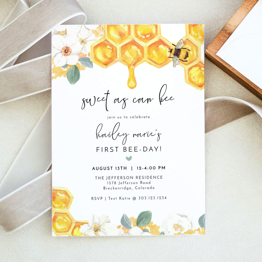 ROMY Sweet as Can Bee Girl's 1st Birthday Party Invitation