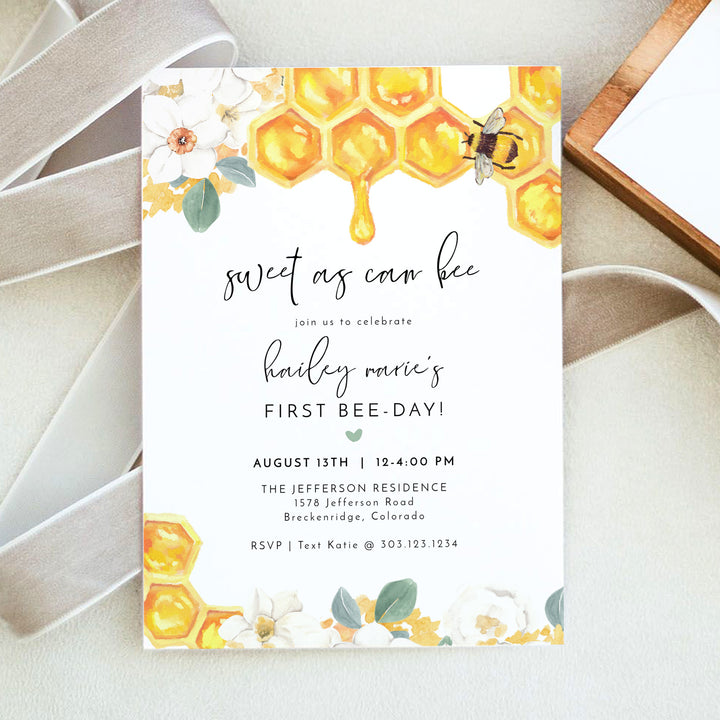 ROMY Sweet as Can Bee Girl's 1st Birthday Party Invitation