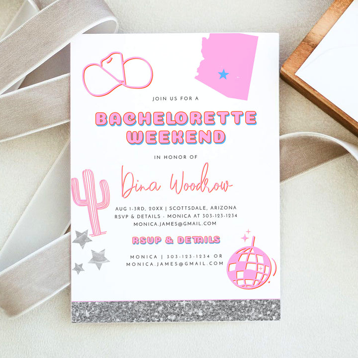 DINA Scottsdale Disco Cowgirl Bachelorette Invitation & Itinerary