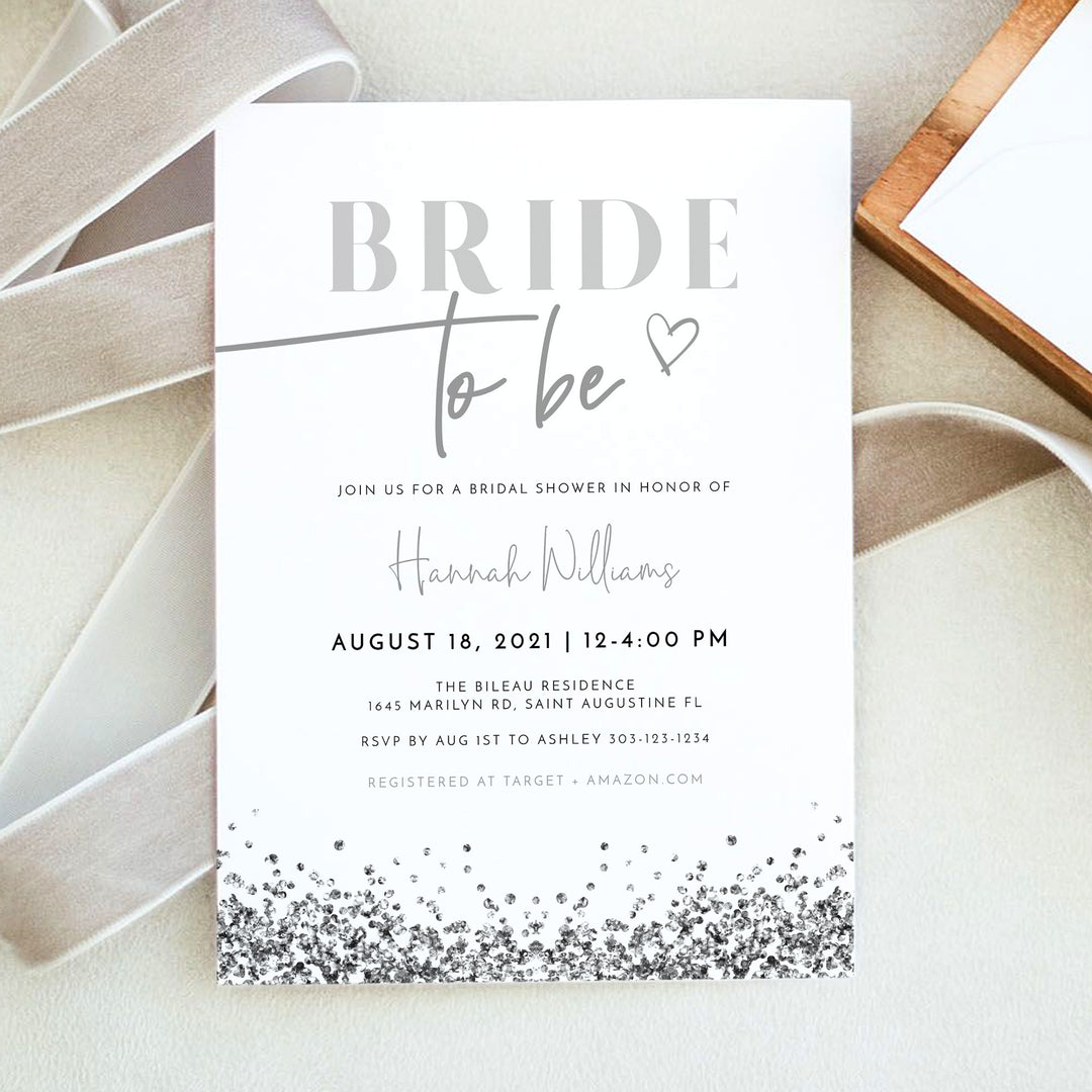 REGINA Modern Silver Glitter Bride To Be Bridal Shower Photo Invitation