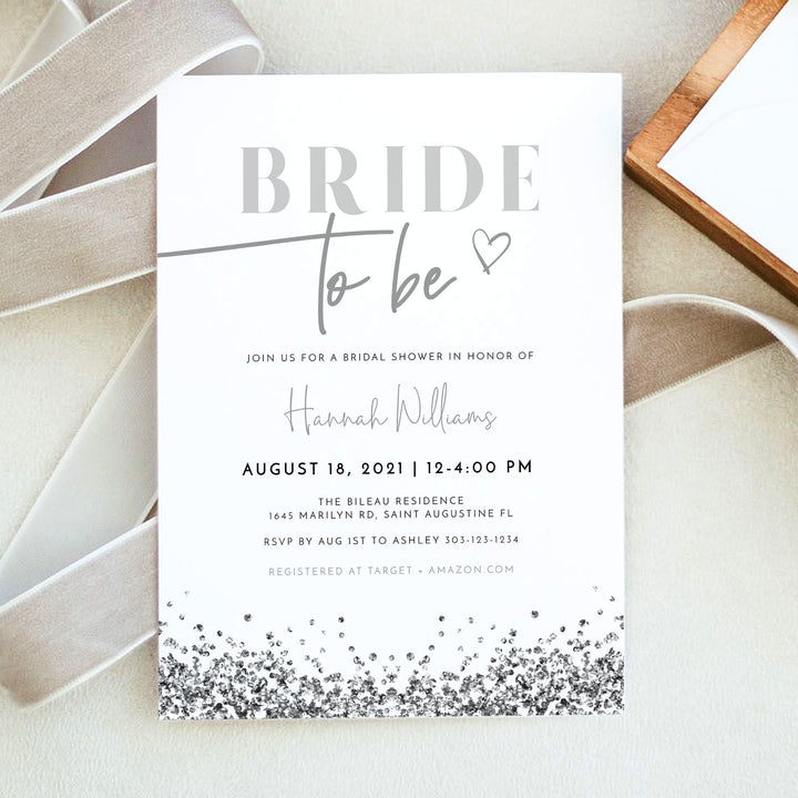 REGINA Modern Silver Glitter Bride To Be Bridal Shower Photo Invitation