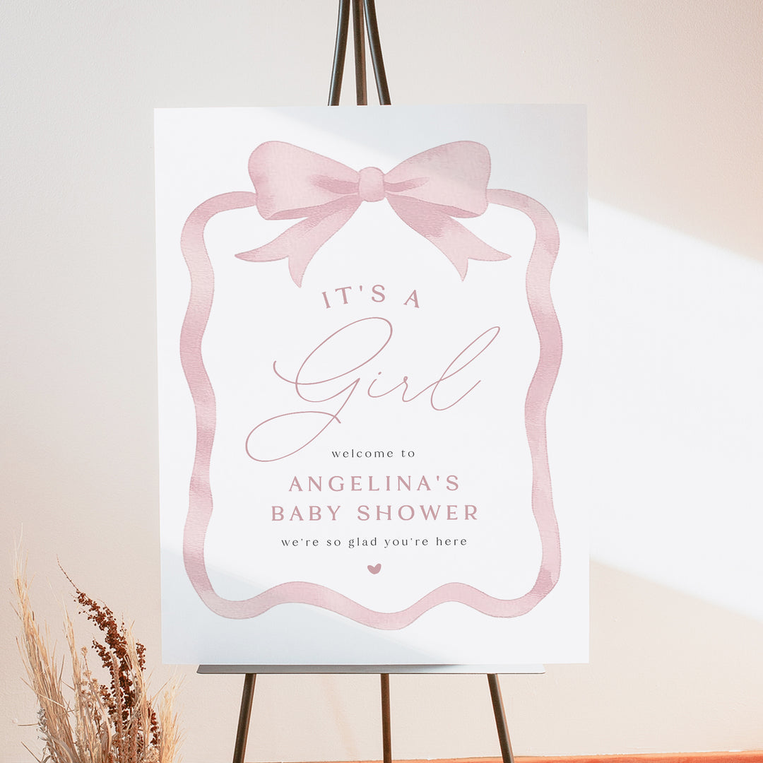 ANGELINA Coquette Bow It's a Girl Baby Shower Welcome Sign