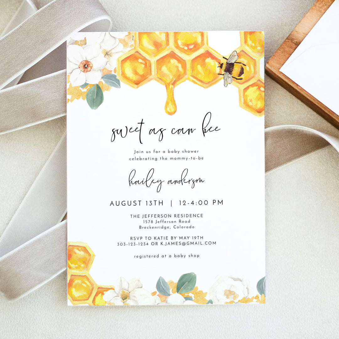 ROMY Yellow Boho Honey Bee Baby Shower Invitation with Photo